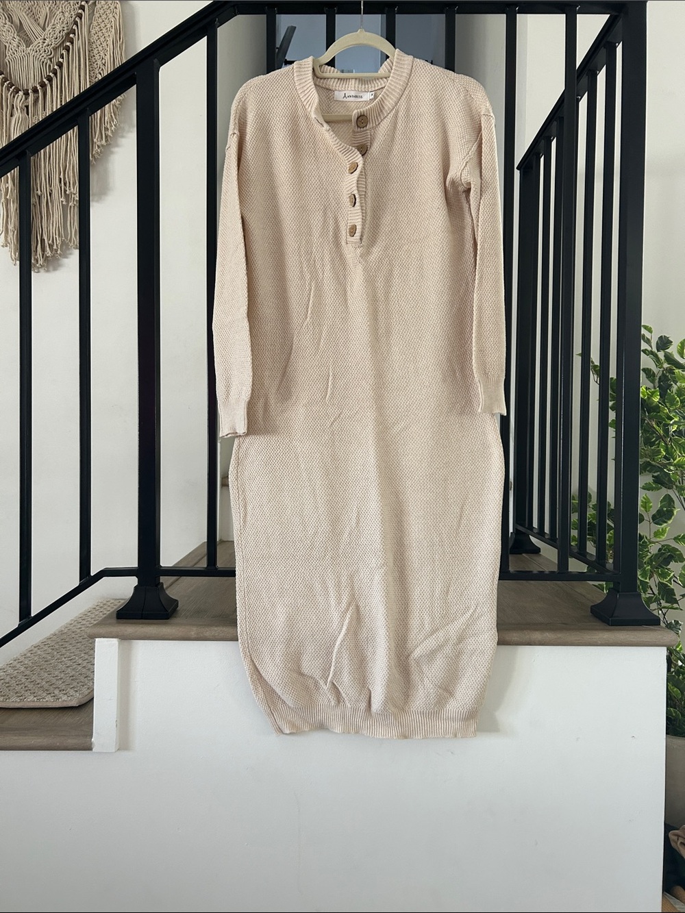 Avenue Beige Knit Henley Midi Dress